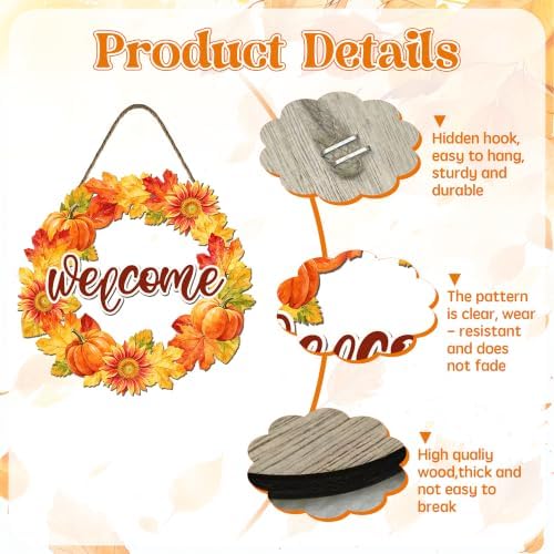 Welcome Fall Front Door Sign Fall Leaves Pumpkins Door Decorations Wood Sign Autumn Harvest Wreath Door Hanger, alternate