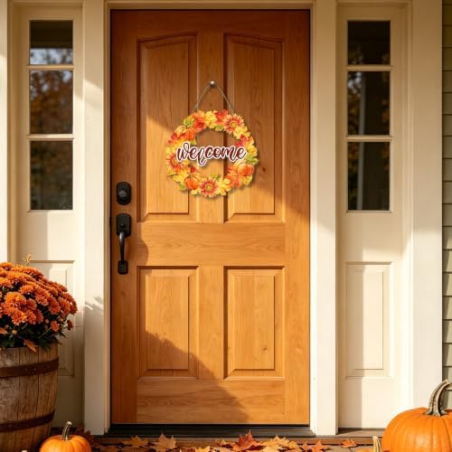Welcome Fall Front Door Sign Fall Leaves Pumpkins Door Decorations Wood Sign Autumn Harvest Wreath Door Hanger, alternate