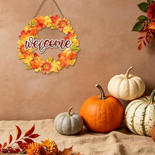 Welcome Fall Front Door Sign Fall Leaves Pumpkins Door Decorations Wood Sign Autumn Harvest Wreath Door Hanger, alternate