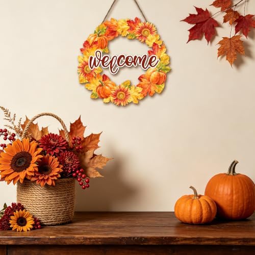 Welcome Fall Front Door Sign Fall Leaves Pumpkins Door Decorations Wood Sign Autumn Harvest Wreath Door Hanger, alternate