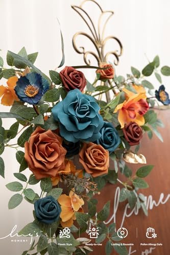 Welcome Sign Flowers, Wedding Floral Swag Burnt Orange & Teal, alternate view 3
