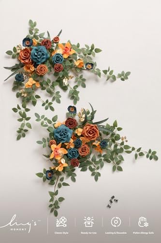 Welcome Sign Flowers, Wedding Floral Swag Burnt Orange & Teal, alternate view 5