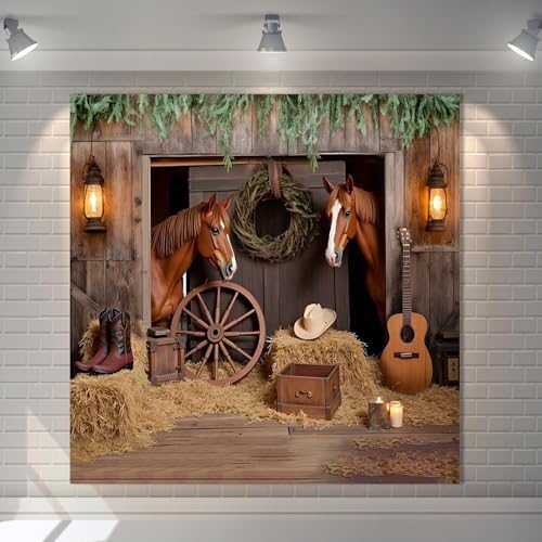 Western Backdrop 10x10ft Western Cowboy Party Decorations Rustic Barn Door Horse Photography Background Wild