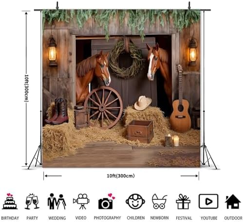 Western Backdrop 10x10ft Western Cowboy Party Decorations Rustic Barn Door Horse Photography Background Wild, alternate view