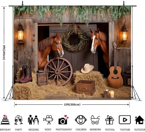 Western Backdrop 10x8ft Western Cowboy Party Decorations Rustic Barn Door Horse Photography Background Wild West, alternate