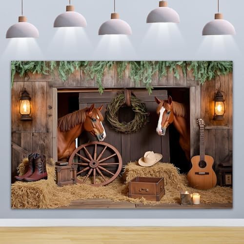 Western Backdrop 7x5ft Western Cowboy Party Decorations Rustic Barn Door Horse Photography Background Wild West, alternate