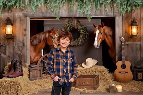 Western Backdrop 7x5ft Western Cowboy Party Decorations Rustic Barn Door Horse Photography Background Wild West, alternate