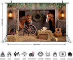 Western Backdrop 7x5ft Western Cowboy Party Decorations Rustic Barn Door Horse Photography Background Wild West, alternate