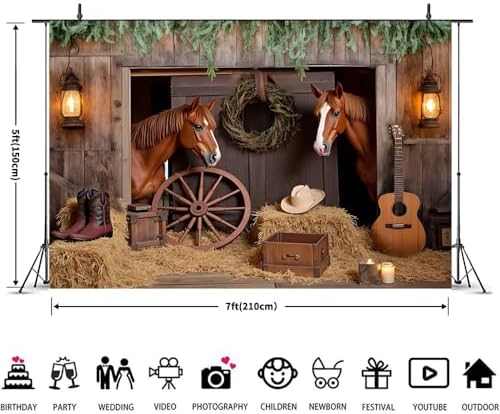 Western Backdrop 7x5ft Western Cowboy Party Decorations Rustic Barn Door Horse Photography Background Wild West, alternate