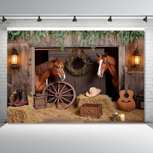Western Backdrop 7x5ft Western Cowboy Party Decorations Rustic Barn Door Horse Photography Background Wild West, alternate