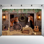 Western Backdrop 7x5ft Western Cowboy Party Decorations Rustic Barn Door Horse Photography Background Wild West, alternate