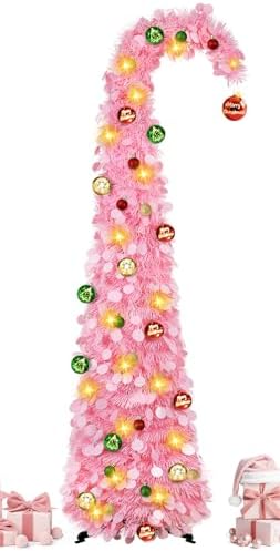 Whimsical Christmas Tree with Ball String Lights, 5FT Pink Pop Up Tree in Pink