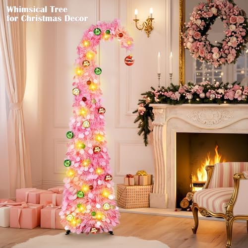 Whimsical Christmas Tree with Ball String Lights, 5FT Pink Pop Up Tree in Pink, alternate view 2