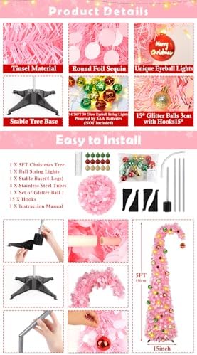 Whimsical Christmas Tree with Ball String Lights, 5FT Pink Pop Up Tree in Pink, alternate view 3