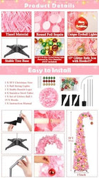 Whimsical Christmas Tree with Ball String Lights, 5FT Pink Pop Up Tree in Pink, alternate view 3