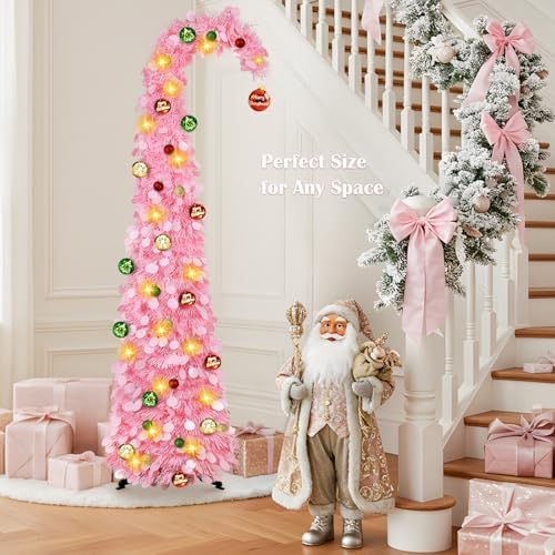 Whimsical Christmas Tree with Ball String Lights, 5FT Pink Pop Up Tree in Pink, alternate view 5