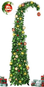 Whimsical Christmas Tree with Ball String Lights, 5FT Pop Up Curved Tree in Dark Green
