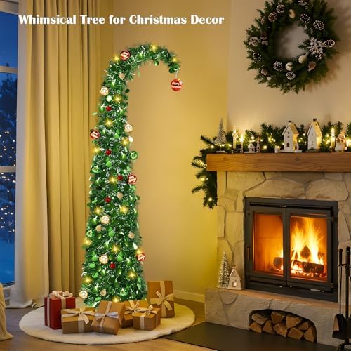 Whimsical Christmas Tree with Ball String Lights, 5FT Pop Up Curved Tree in Dark Green, alternate view 2