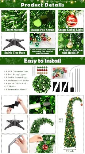 Whimsical Christmas Tree with Ball String Lights, 5FT Pop Up Curved Tree in Dark Green, alternate view 3