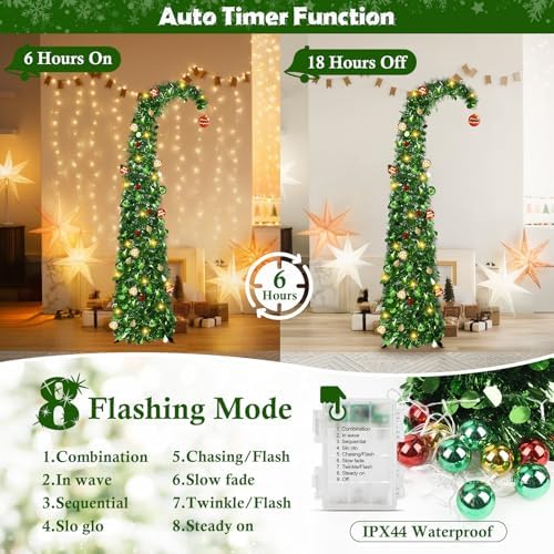 Whimsical Christmas Tree with Ball String Lights, 5FT Pop Up Curved Tree in Dark Green, alternate view 4