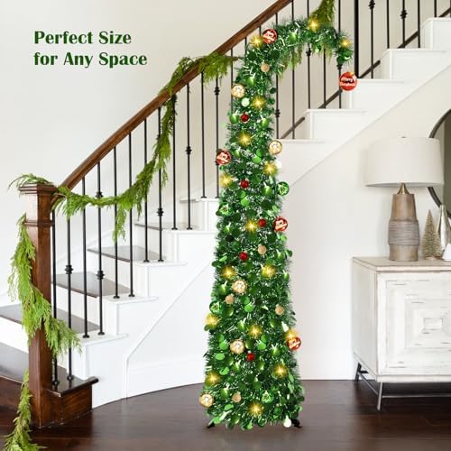 Whimsical Christmas Tree with Ball String Lights, 5FT Pop Up Curved Tree in Dark Green, alternate view 5