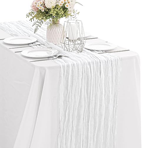 White 10FT Cheesecloth Table Runner Boho Gauze Fabric Table Runner Rustic Sheer Runner for Wedding Bridal Baby