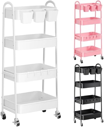 White 4 Tier Rolling Cart Metal with Wheels, Heavy Duty Utility Storage Cart
