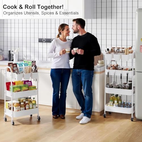 White 4 Tier Rolling Cart Metal with Wheels, Heavy Duty Utility Storage Cart, alternate view 2