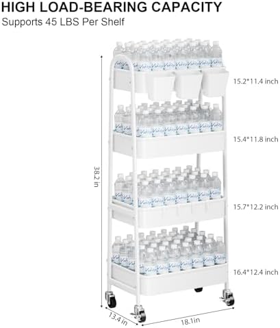White 4 Tier Rolling Cart Metal with Wheels, Heavy Duty Utility Storage Cart, alternate view 3