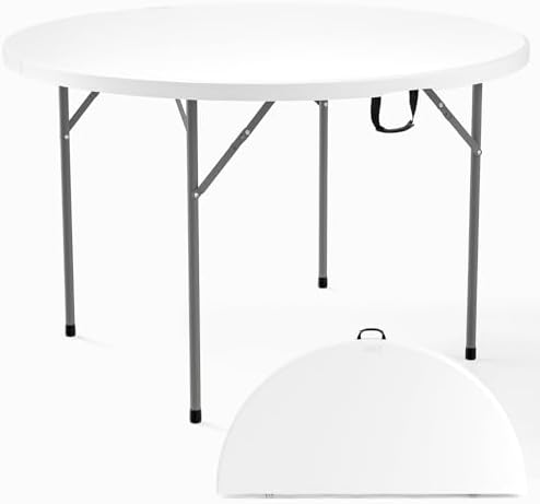 White 48" Round Bi-Folding Commercial Table, 4 Feet Portable Plastic Dining Card Table for Kitchen or Outdoor