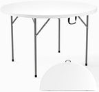 White 48" Round Bi-Folding Commercial Table, 4 Feet Portable Plastic Dining Card Table for Kitchen or Outdoor
