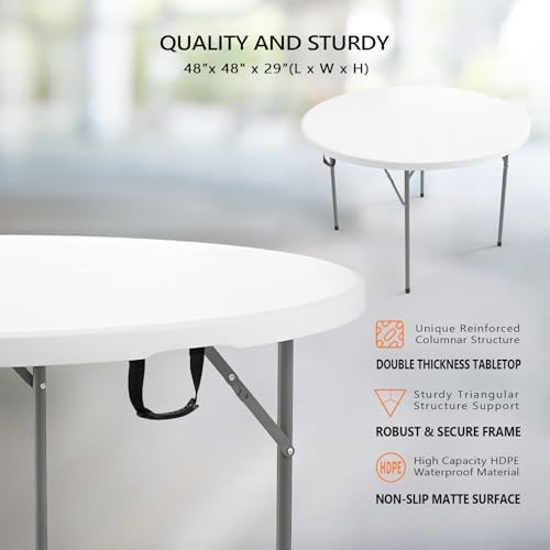 White 48" Round Bi-Folding Commercial Table, 4 Feet Portable Plastic Dining Card Table for Kitchen or Outdoor, alternate view