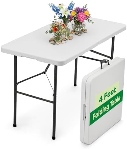 White 4ft Folding Table with Handle | Heavy-Duty Foldable Table | Portable Table for Indoor & Outdoor Use |