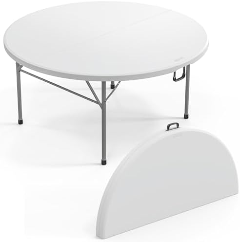 White 5 FT Round Bi-Folding Commercial Table, 60 inch Portable Plastic Dining Card Table for Kitchen Party