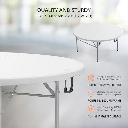 White 5 FT Round Bi-Folding Commercial Table, 60 inch Portable Plastic Dining Card Table for Kitchen Party, alternate view 3