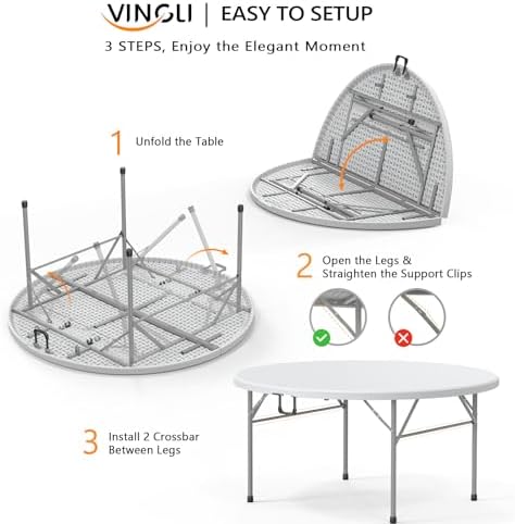 White 5 FT Round Bi-Folding Commercial Table, 60 inch Portable Plastic Dining Card Table for Kitchen Party, alternate view 5