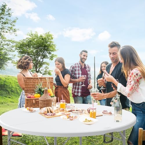 White 5 FT Round Bi-Folding Commercial Table, 60 inch Portable Plastic Dining Card Table for Kitchen Party, alternate view 6