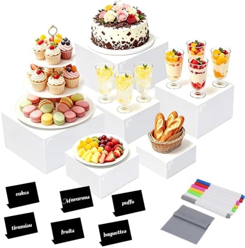 White Acrylic Buffet Risers Dessert Table Display Stand with Signs & Marker in White