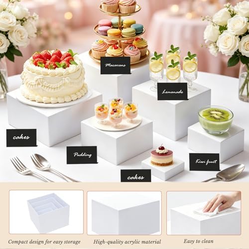 White Acrylic Buffet Risers Dessert Table Display Stand with Signs & Marker in White, alternate view 5