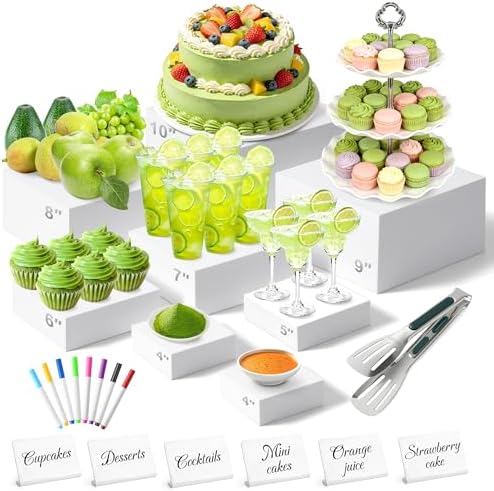 White Acrylic Food Display Stand with Mini Sign, Marker and Serving Tongs, Food Risers for Buffet Table, Party