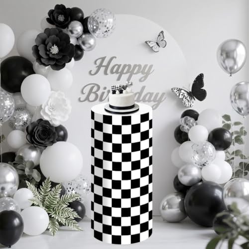 White and Black Checkered Cylinder Pedestal Stand Cover 1 Pcs