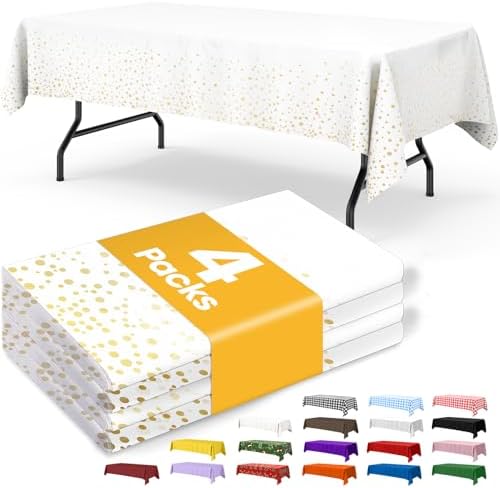 White and Gold Plastic Table Cloth Disposable, 4 Pack, 54 x 108 in