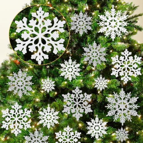 White and Silver Christmas Snowflake Ornaments- 36Pcs Plastic Glitter Hanging Snow Flakes for Christmas Tree