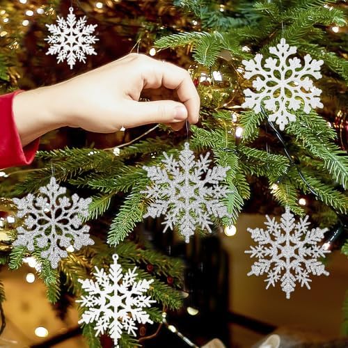 White and Silver Christmas Snowflake Ornaments- 36Pcs Plastic Glitter Hanging Snow Flakes for Christmas Tree, alternate view