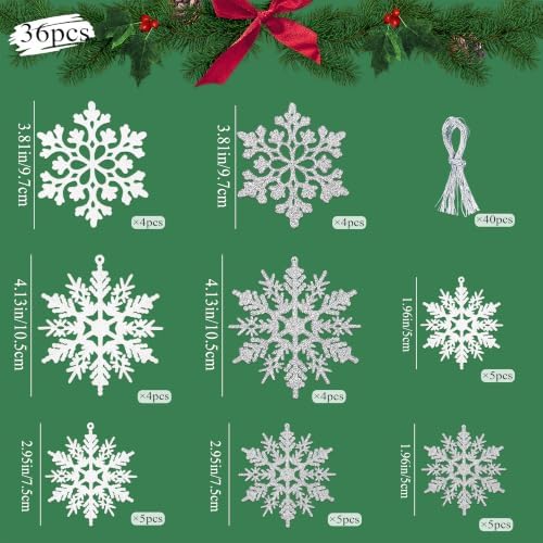White and Silver Christmas Snowflake Ornaments- 36Pcs Plastic Glitter Hanging Snow Flakes for Christmas Tree, alternate view