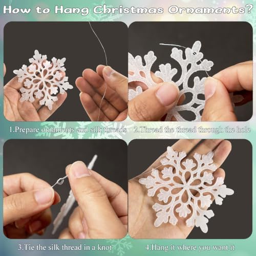 White and Silver Christmas Snowflake Ornaments- 36Pcs Plastic Glitter Hanging Snow Flakes for Christmas Tree, alternate view