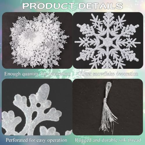 White and Silver Christmas Snowflake Ornaments- 36Pcs Plastic Glitter Hanging Snow Flakes for Christmas Tree, alternate view