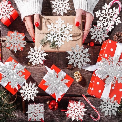 White and Silver Christmas Snowflake Ornaments- 36Pcs Plastic Glitter Hanging Snow Flakes for Christmas Tree, alternate view