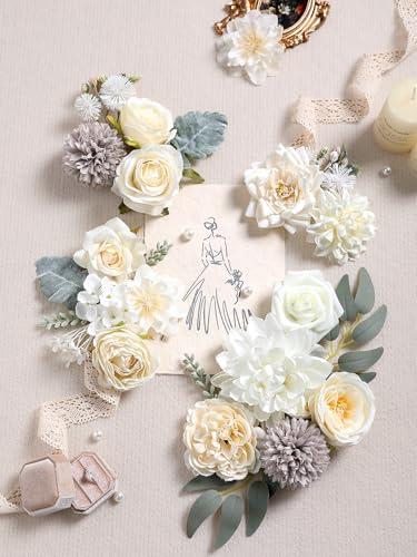 White Artificial Flowers Combo Box Set Fake Flowers Bulk Flower Leaf with Stems for DIY Wedding Bouquets, alternate view 2