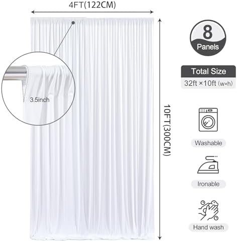White Backdrop Curtains 32 x 10ft for Photo Background Wrinkle Free Drapes in W4' x H10'(8 panels) in White, alternate view 5